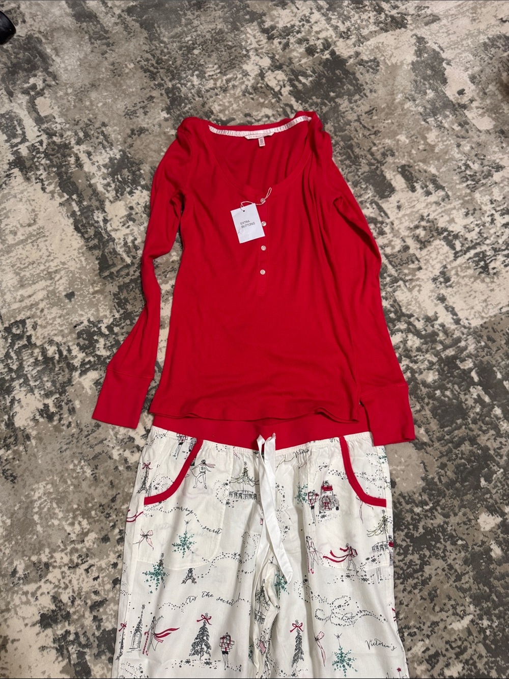 Victoria's Secret Red Henley Top with White Printed Pajama Pants